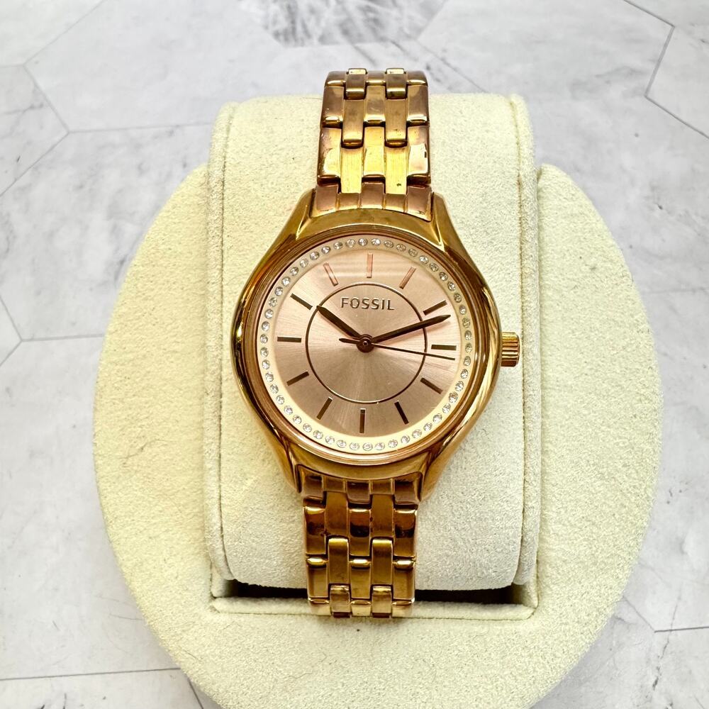 Fossil Women’s Gold Tone Quartz Watch Rose Gold Tone Dial Rhinestone Bracelet